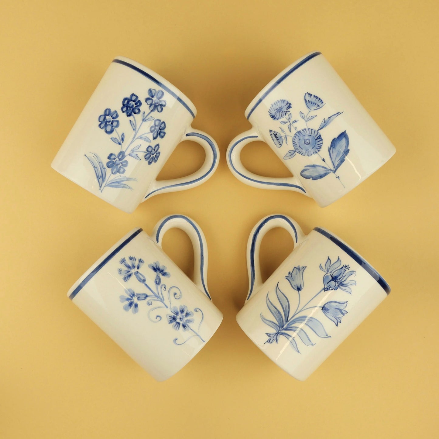 Vintage Delft Blue Botanical Mug set(4 Pieces)