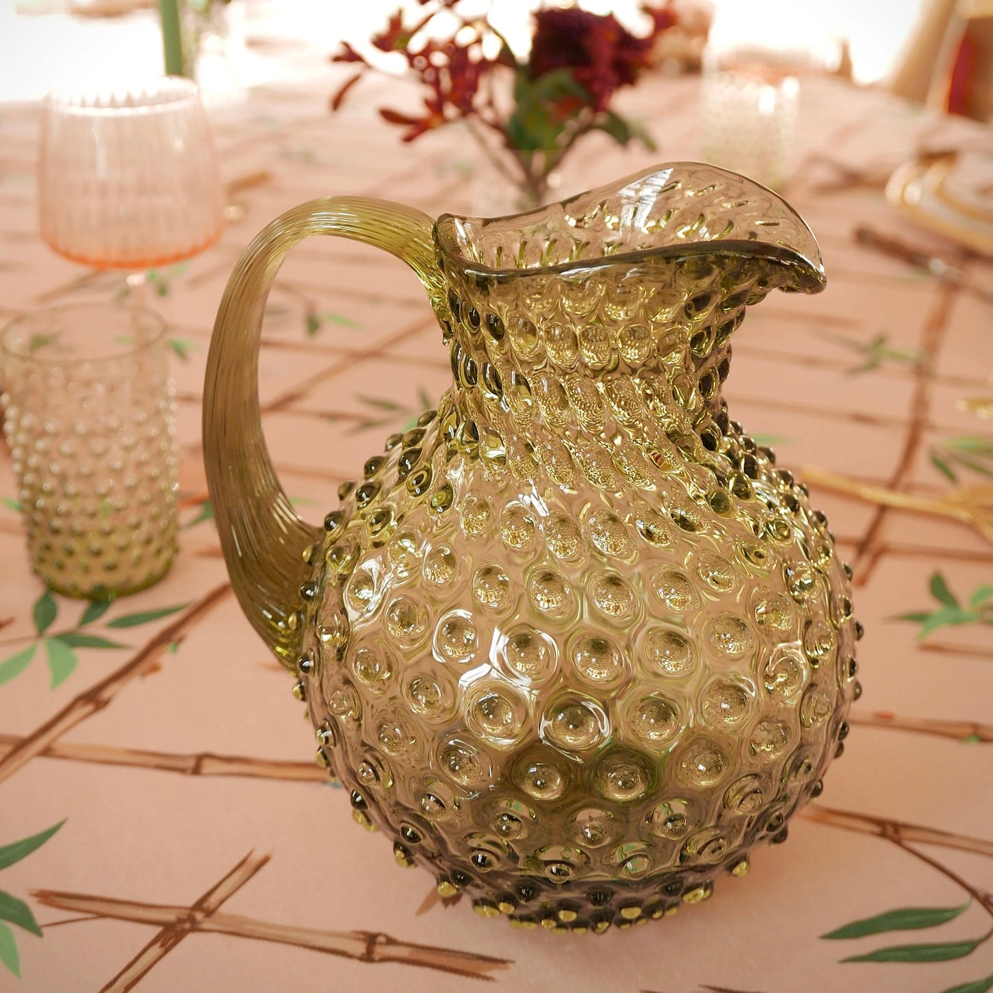 Olive Green Teardrop Glass Water Pitcher