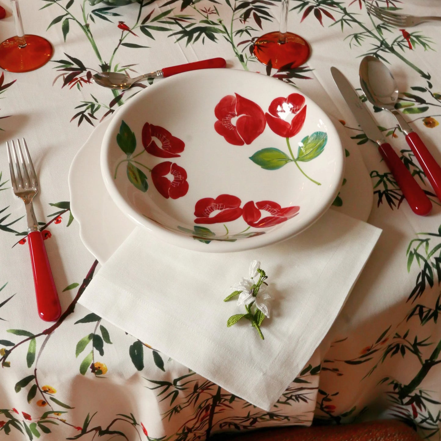 Red Floral Pasta Bowl